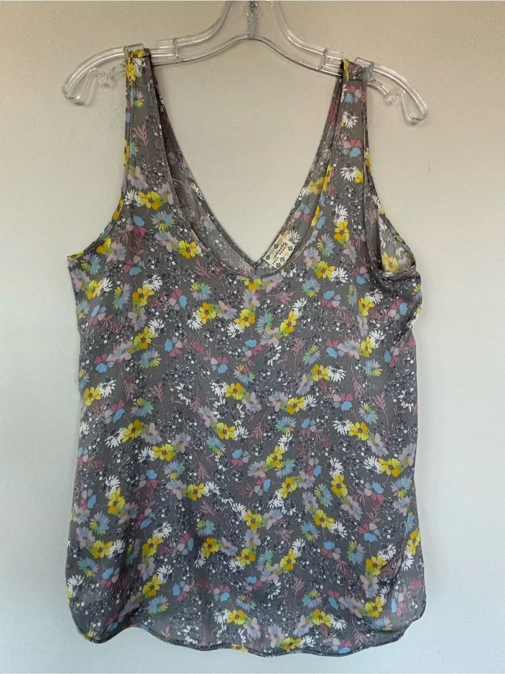 Free People Gray Floral V-Neck Camisole with Yellow & Pink Accents